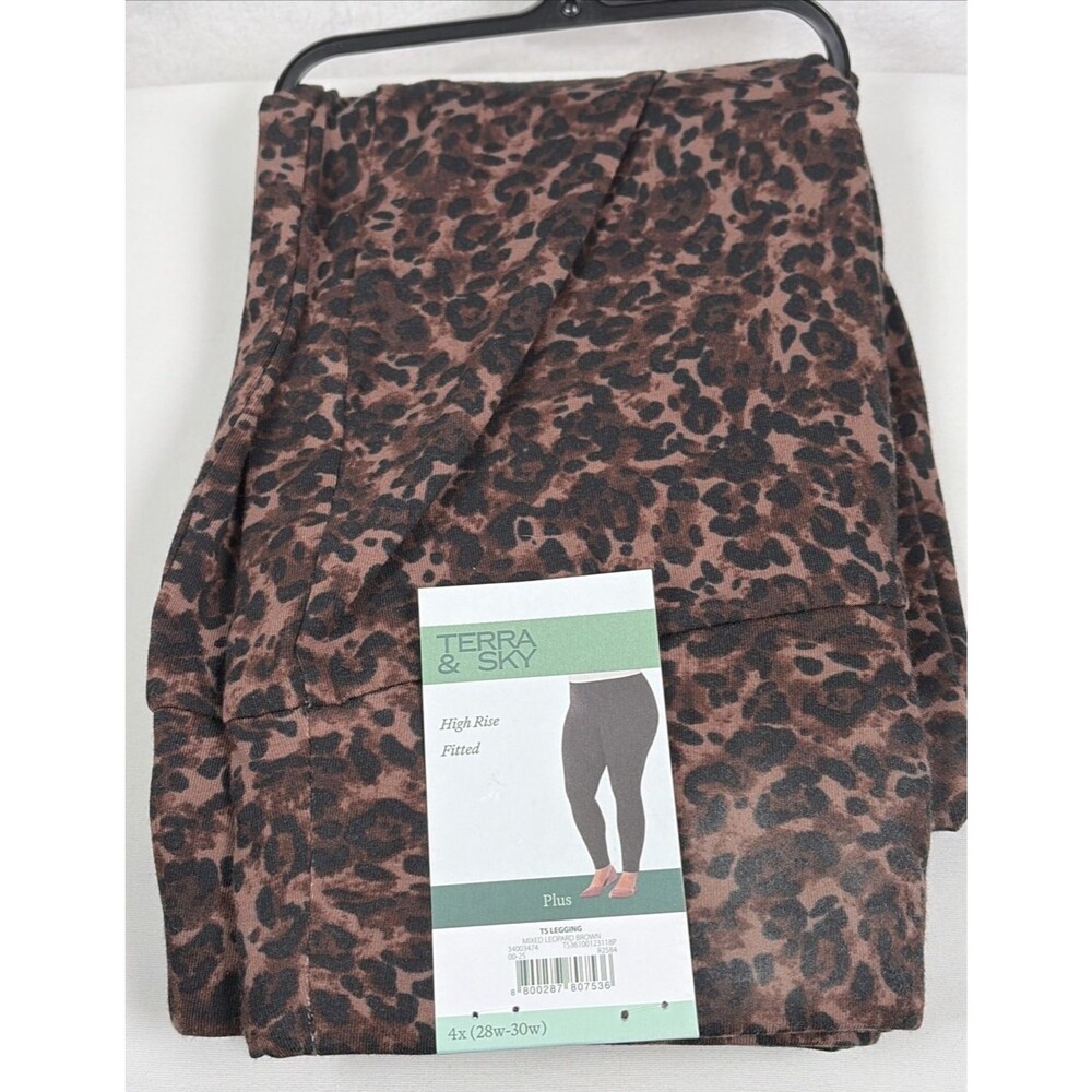 Terra & Sky High Rise Fitted Legging Pants Mixed Leopard Brown Size 4X (28W-30W)